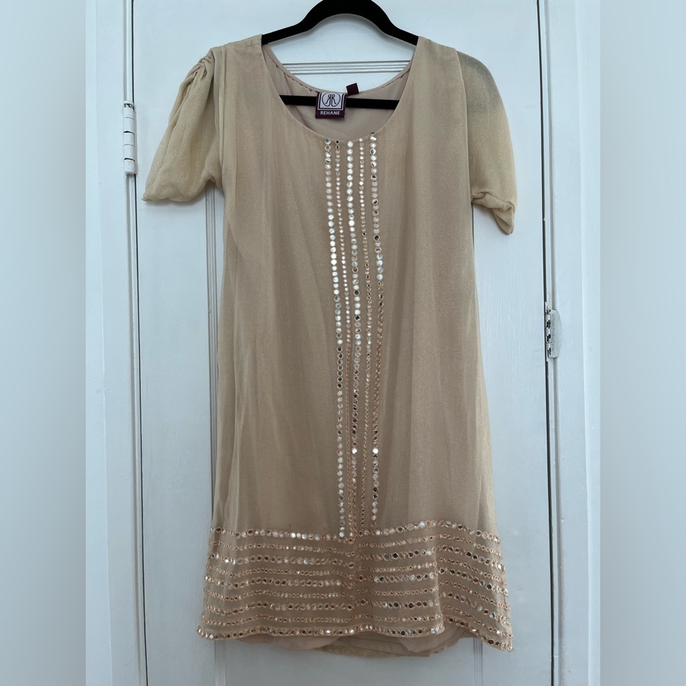 Anthropologie Rehane mirror sequin dress shift beige shimmer small